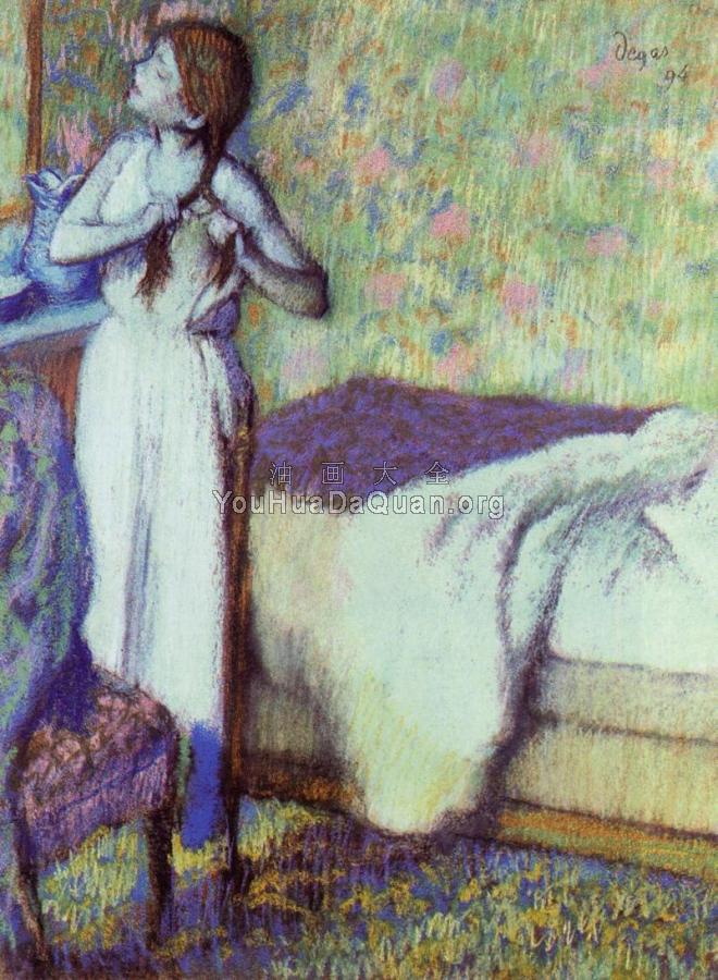 Young Girl Braiding Her Hair - 埃德加·德加